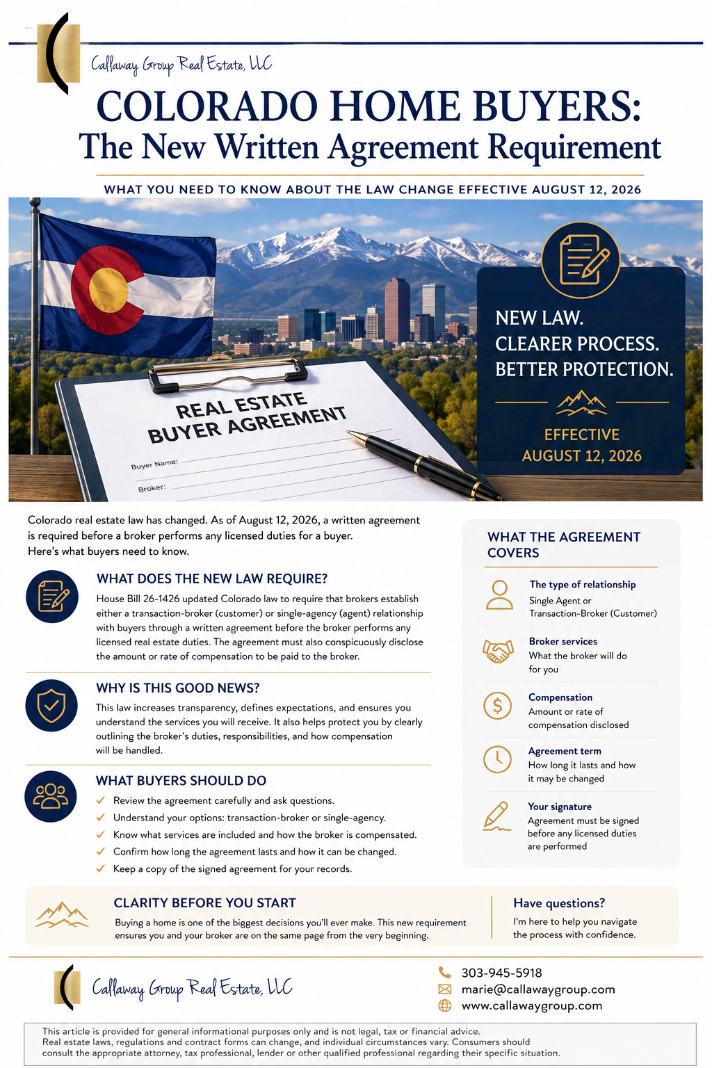 Colorado home buyer written brokerage agreement with Colorado flag and mountain background